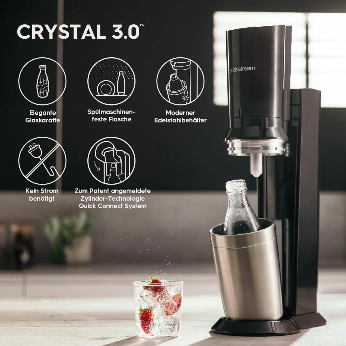 Wassersprudler Crystal 3.0 Quick-Connect CO2-Zylinder und 3x Glaskaraffen, Silber, Schwarz/Titan